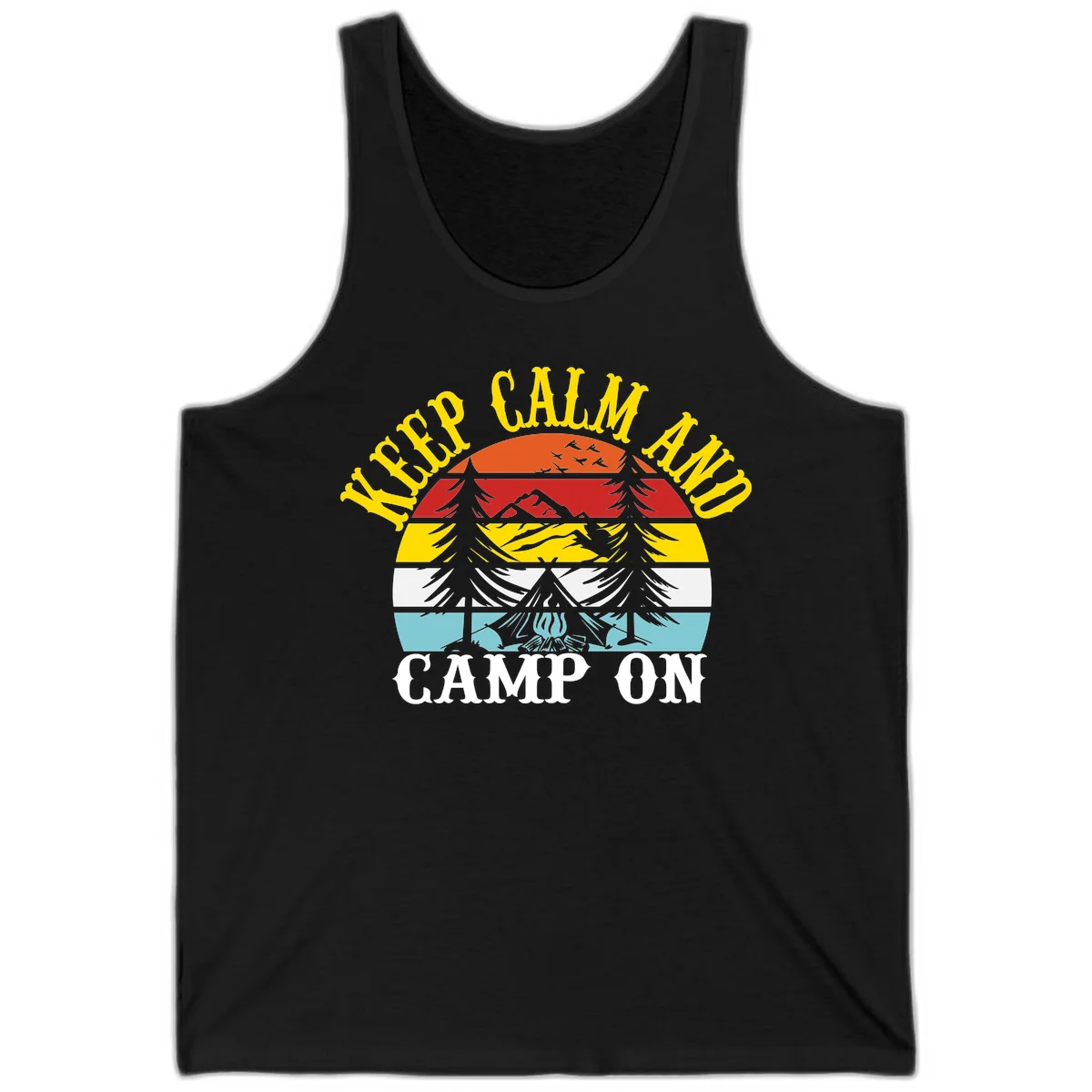 Keep Calm and Camp On design with colorful horizontal stripes, tree roots, and camping-themed text banner in Black