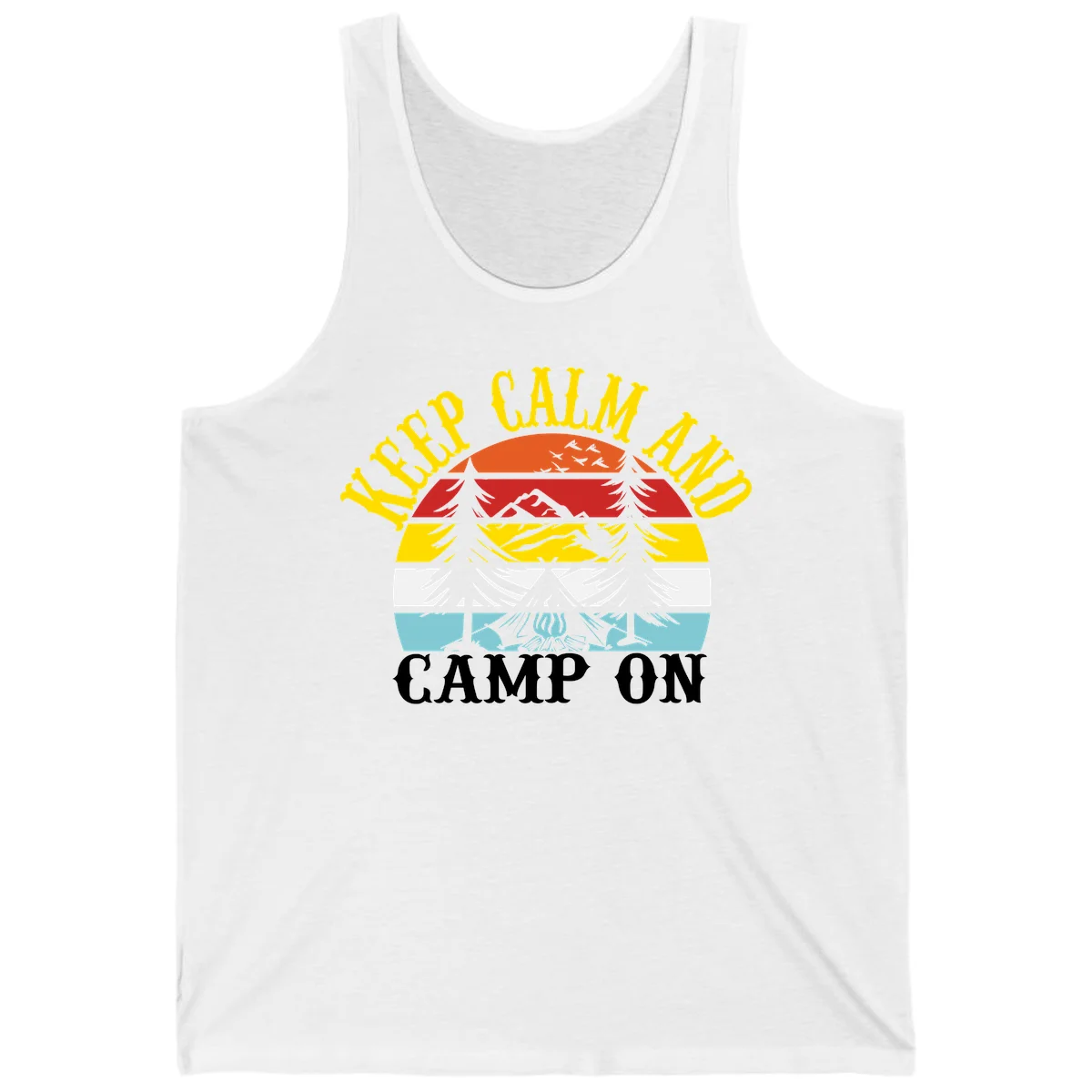 Keep Calm and Camp On design with colorful horizontal stripes, tree roots, and camping-themed text banner in White