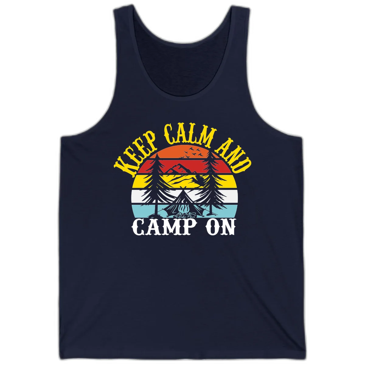 Keep Calm and Camp On design with colorful horizontal stripes, tree roots, and camping-themed text banner in Navy