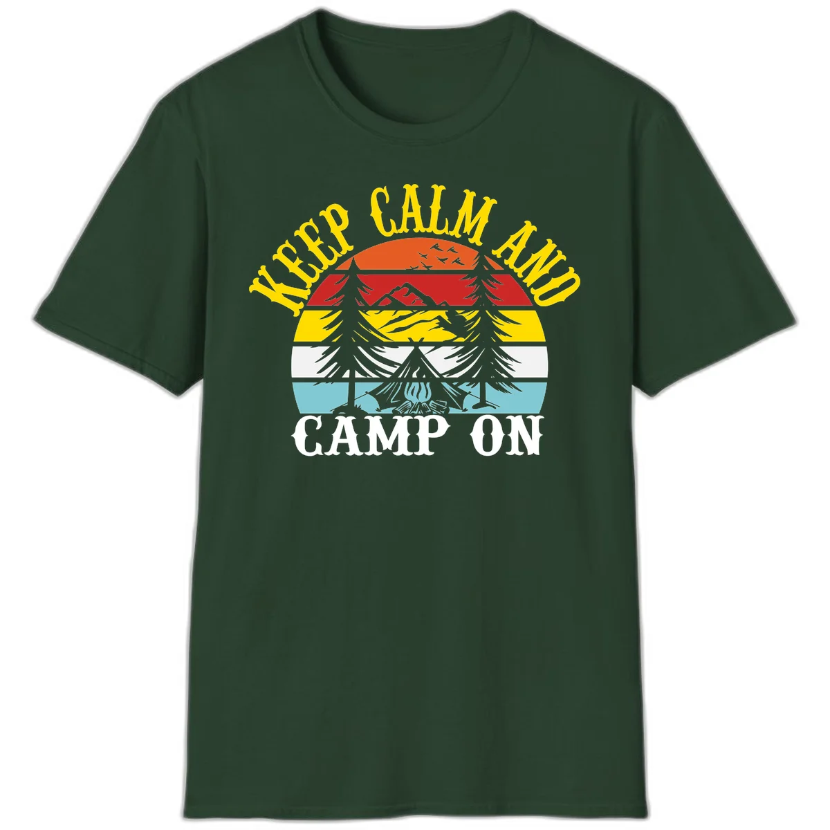Keep Calm and Camp On design with colorful horizontal stripes, tree roots, and camping-themed text banner in Forest Green