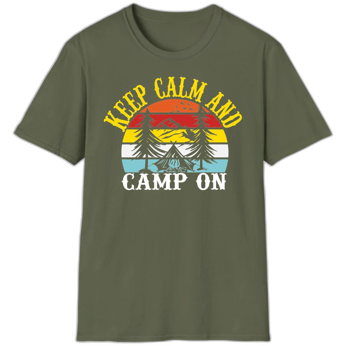 Keep Calm and Camp On design with colorful horizontal stripes, tree roots, and camping-themed text banner in Military Green