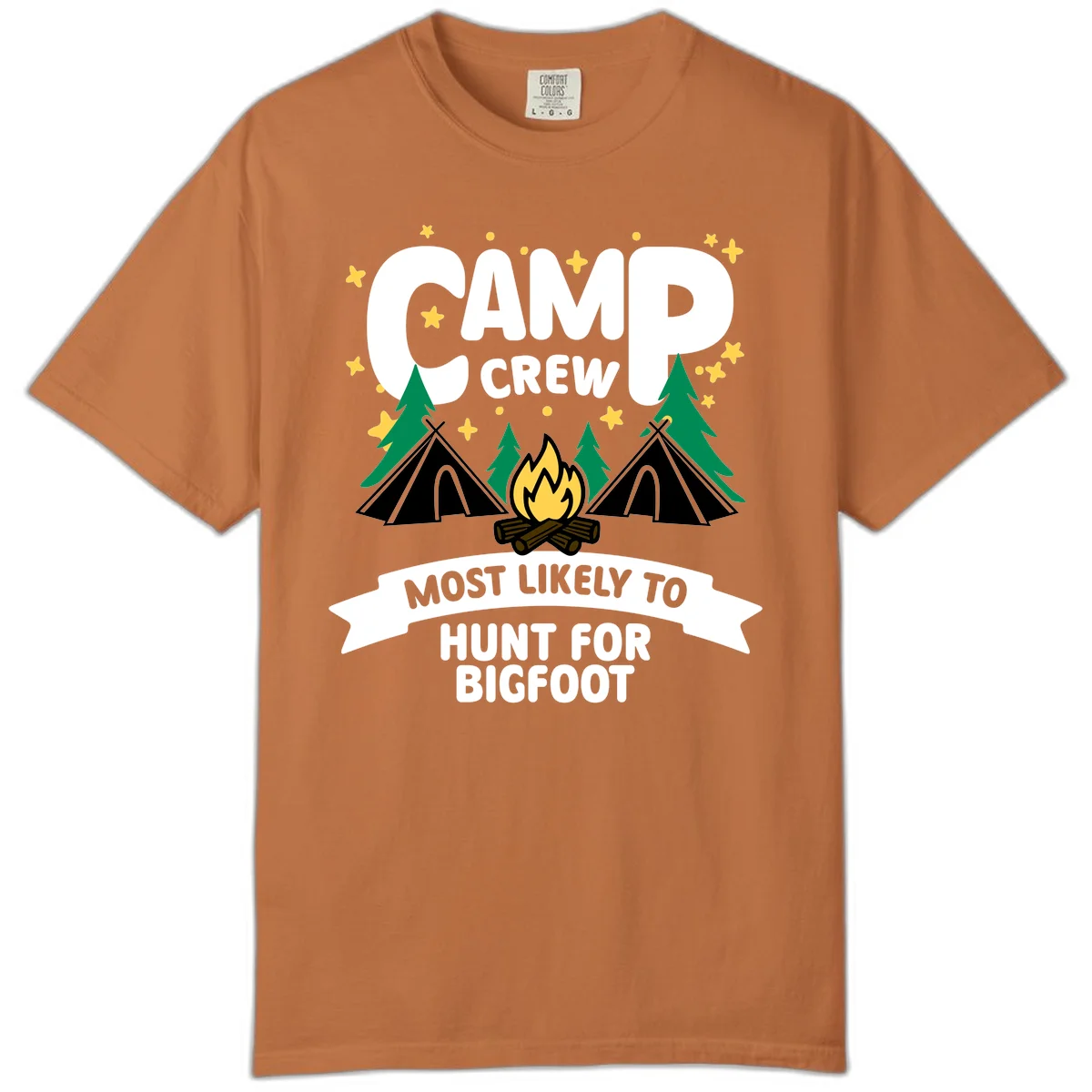 Camp crew bigfoot hunt design with teepees, campfire, pine trees, and stars on gray background in Yam