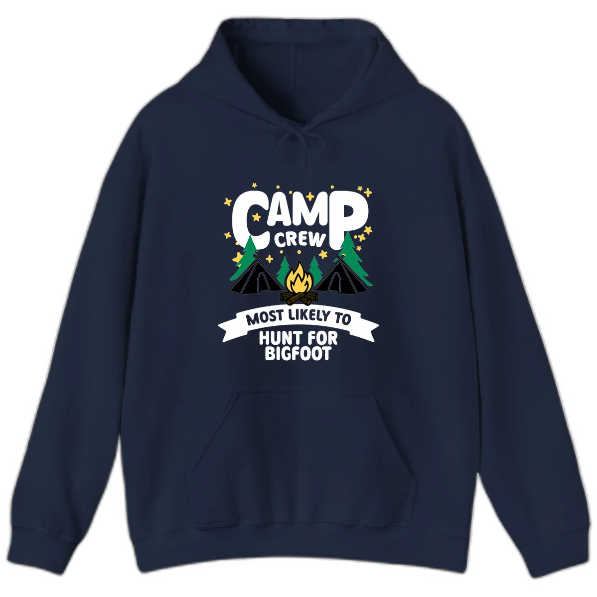 Camp crew bigfoot hunt design with teepees, campfire, pine trees, and stars on gray background in Navy