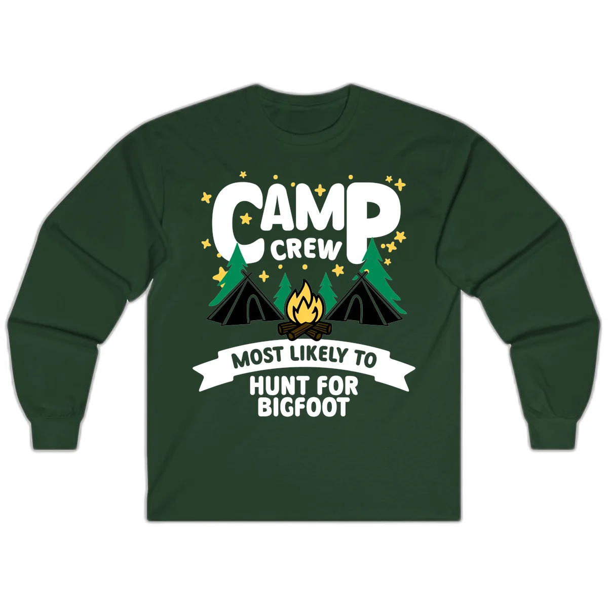 Camp crew bigfoot hunt design with teepees, campfire, pine trees, and stars on gray background in Forest Green