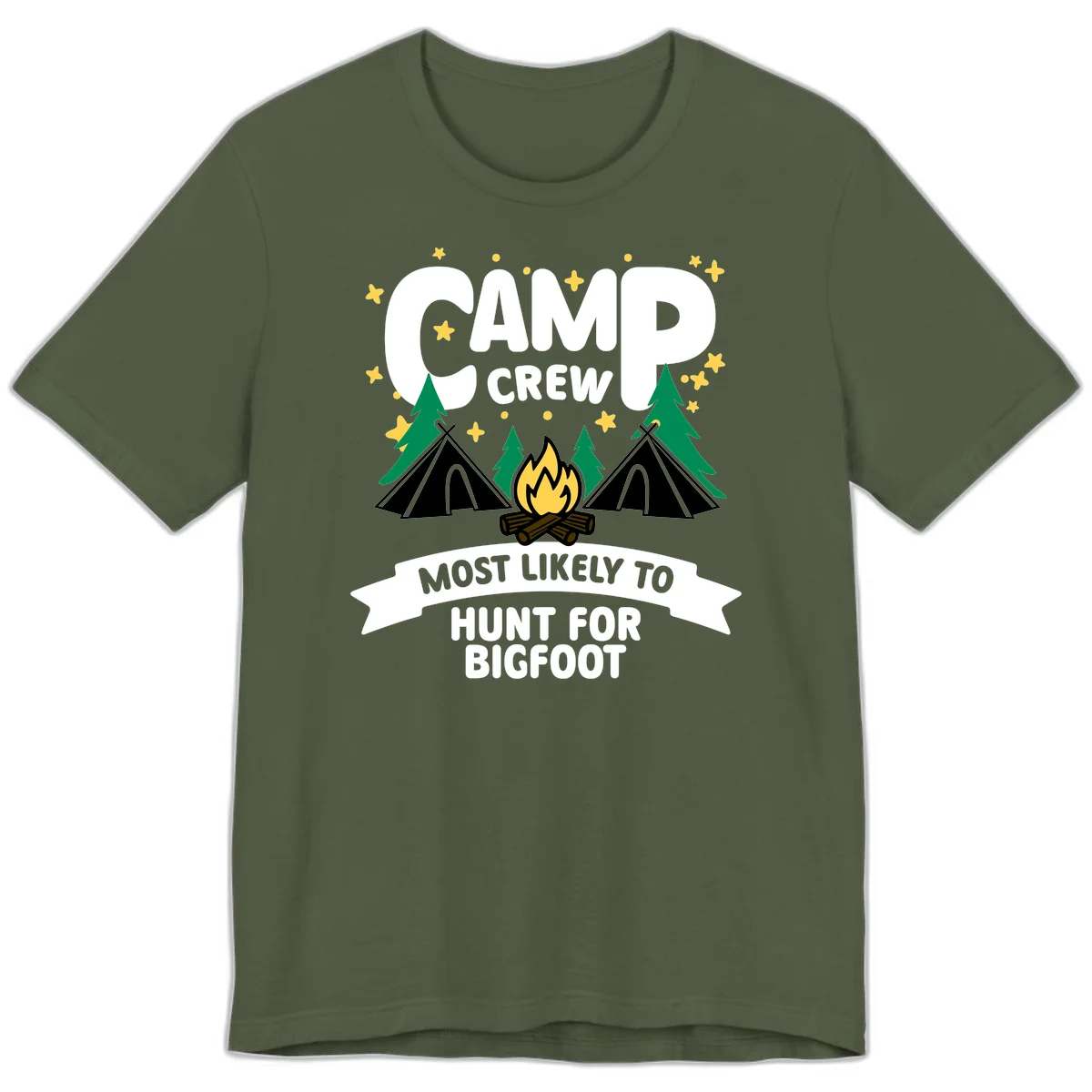 Camp crew bigfoot hunt design with teepees, campfire, pine trees, and stars on gray background in Military Green