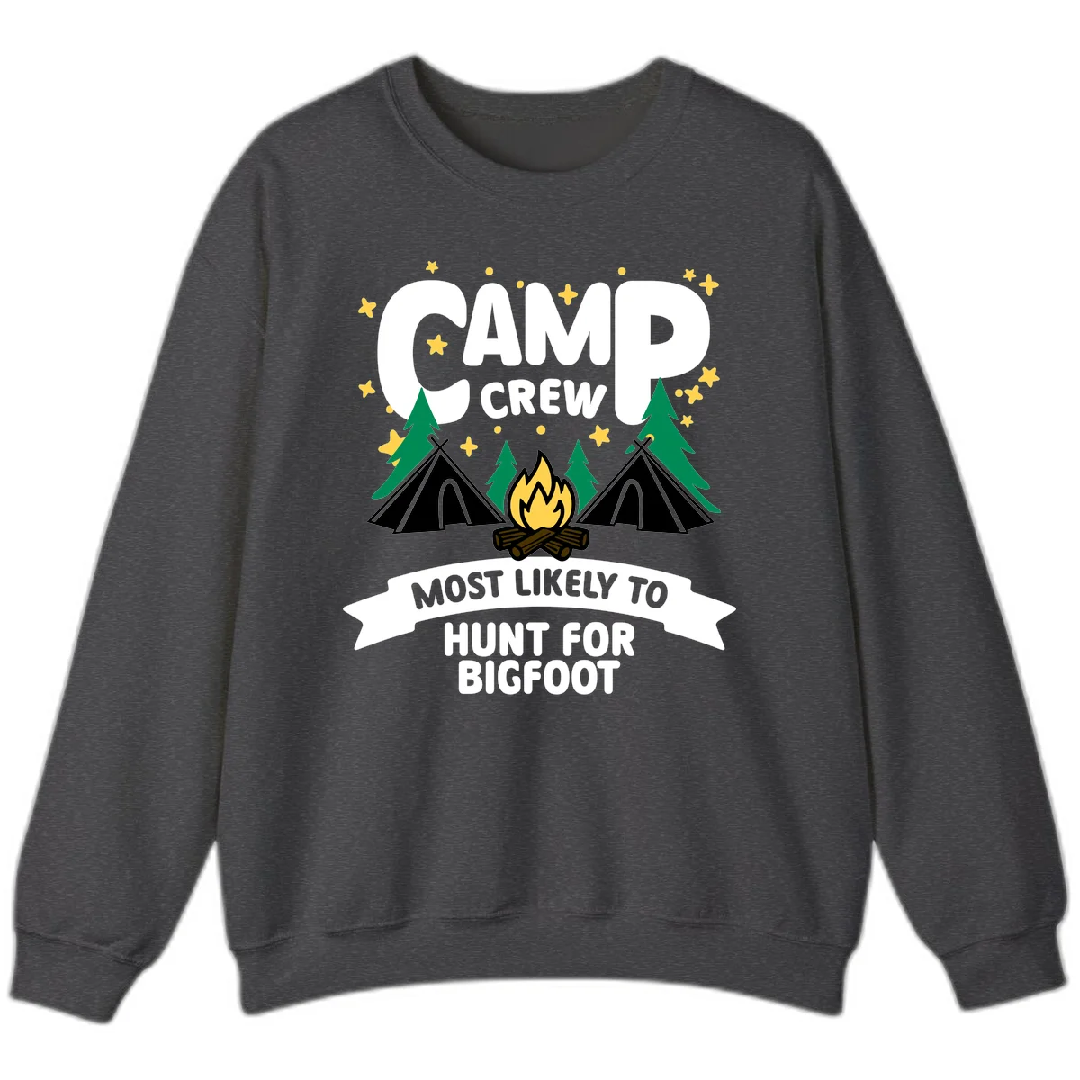 Camp crew bigfoot hunt design with teepees, campfire, pine trees, and stars on gray background in Dark Heather