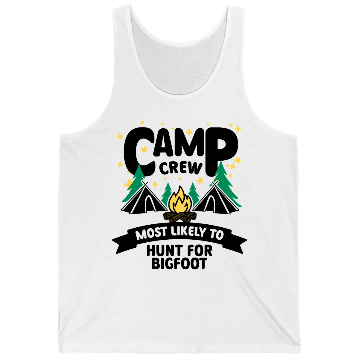 Camp crew bigfoot hunt design with teepees, campfire, pine trees, and stars on gray background in White