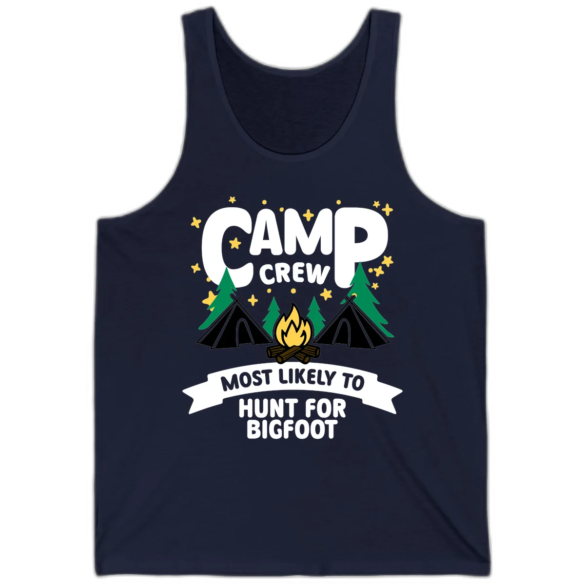 Camp crew bigfoot hunt design with teepees, campfire, pine trees, and stars on gray background in Navy