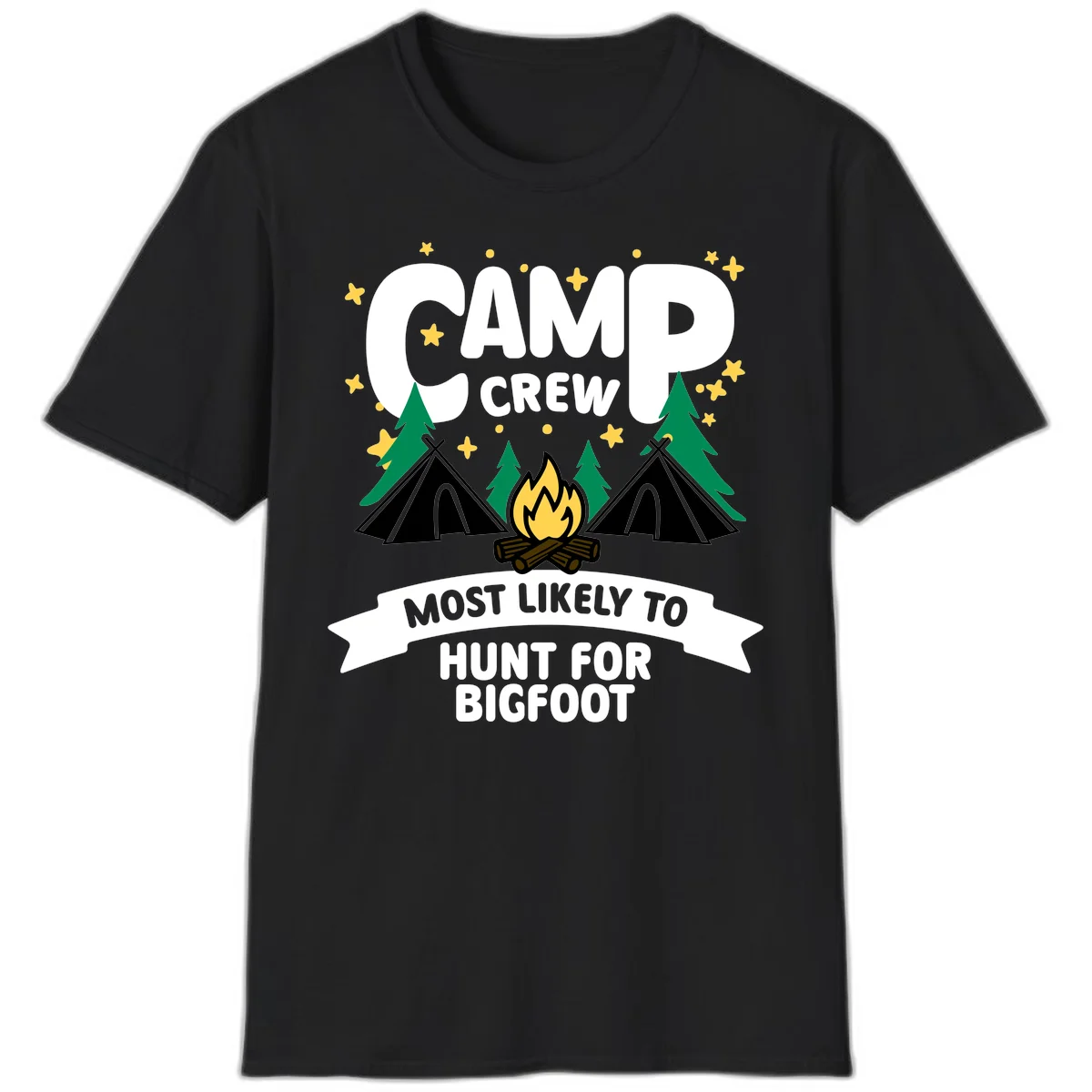 Camp crew bigfoot hunt design with teepees, campfire, pine trees, and stars on gray background in Black