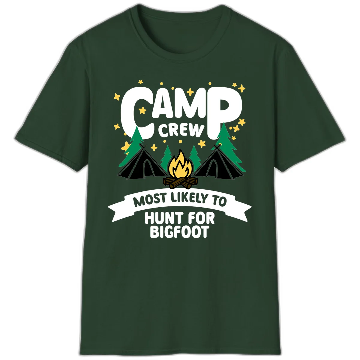 Camp crew bigfoot hunt design with teepees, campfire, pine trees, and stars on gray background in Forest Green