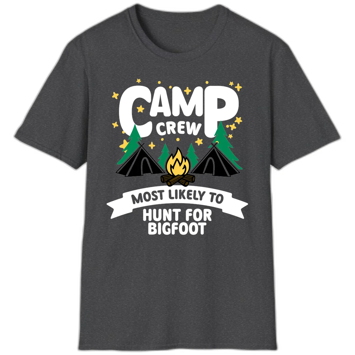 Camp crew bigfoot hunt design with teepees, campfire, pine trees, and stars on gray background in Dark Heather