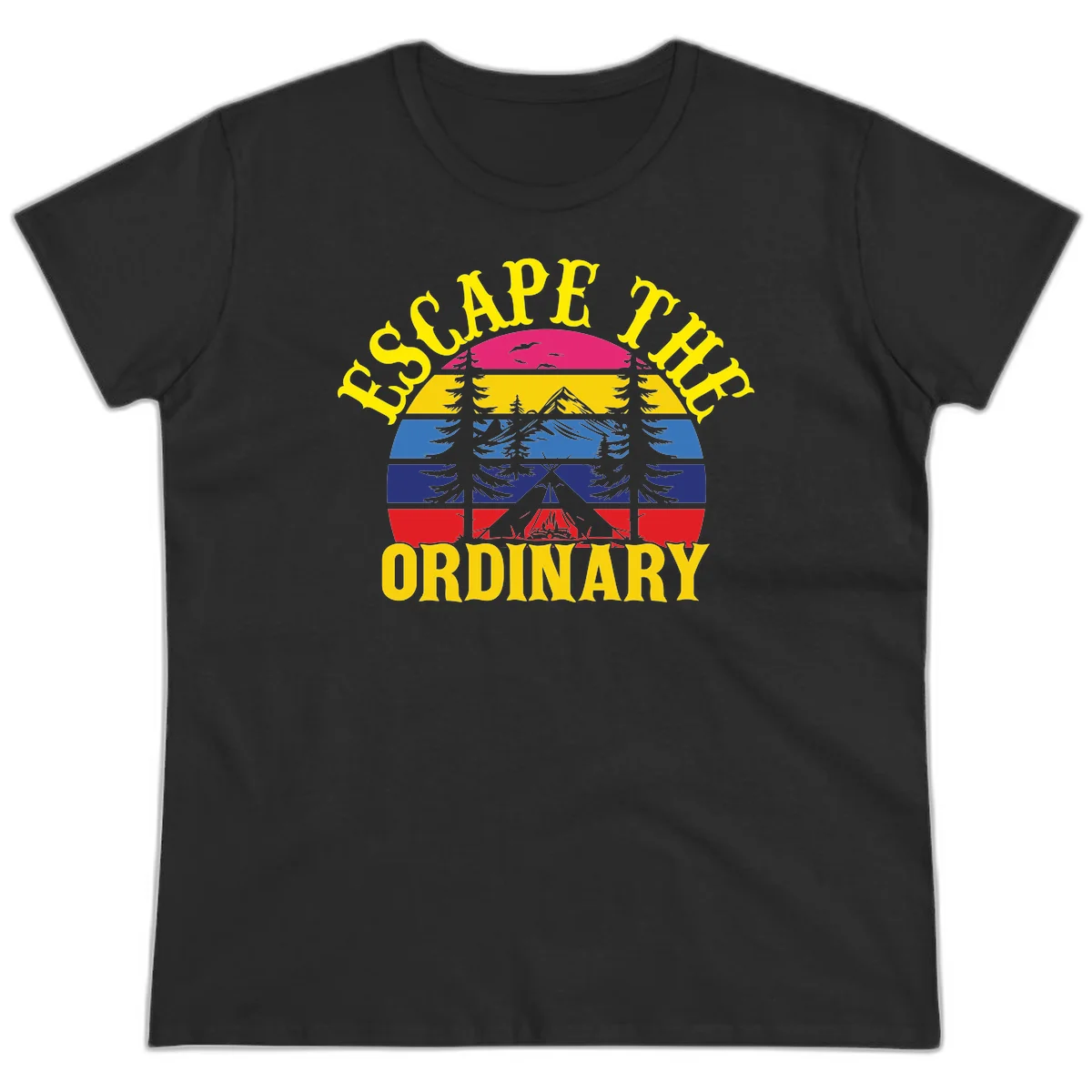 Safe Thru Ordinary design featuring retro horizontal stripes with integrated mountain and forest landscape imagery in Black