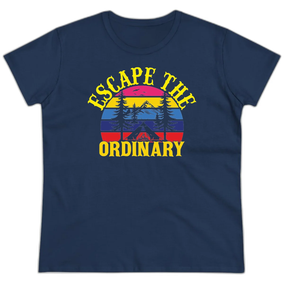 Safe Thru Ordinary design featuring retro horizontal stripes with integrated mountain and forest landscape imagery in Navy