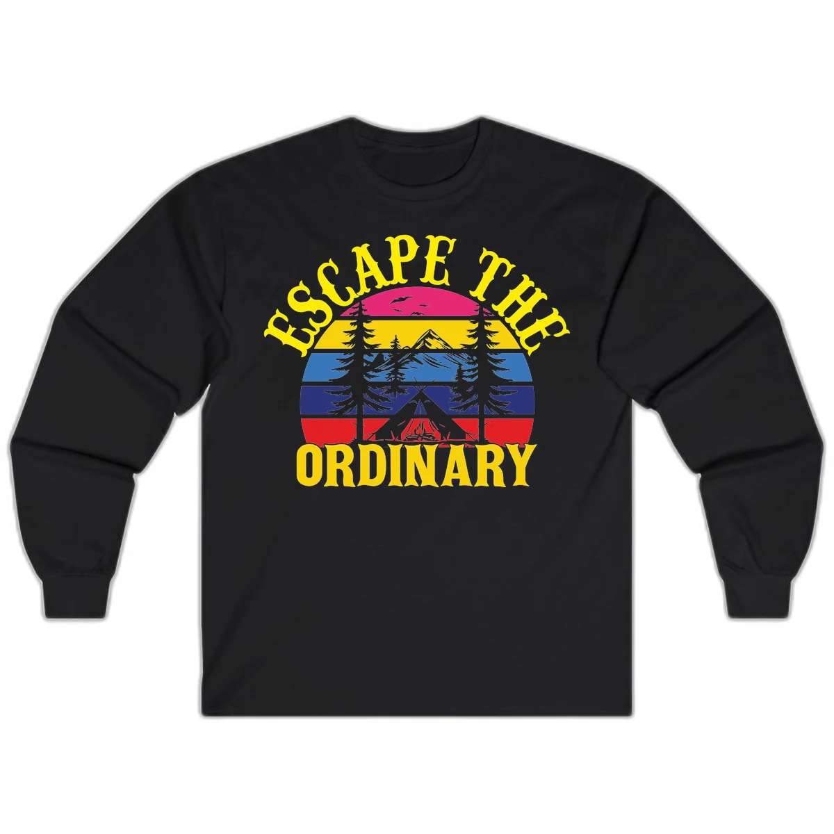 Safe Thru Ordinary design featuring retro horizontal stripes with integrated mountain and forest landscape imagery in Black