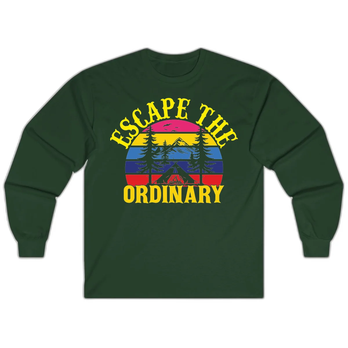 Safe Thru Ordinary design featuring retro horizontal stripes with integrated mountain and forest landscape imagery in Forest Green