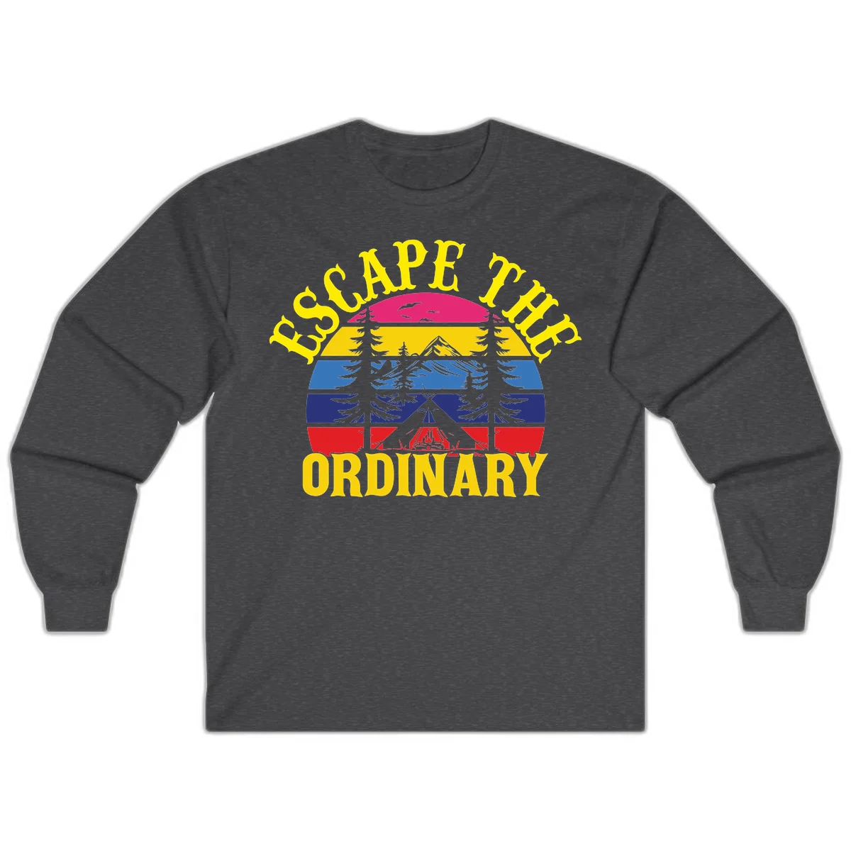 Safe Thru Ordinary design featuring retro horizontal stripes with integrated mountain and forest landscape imagery in Dark Heather