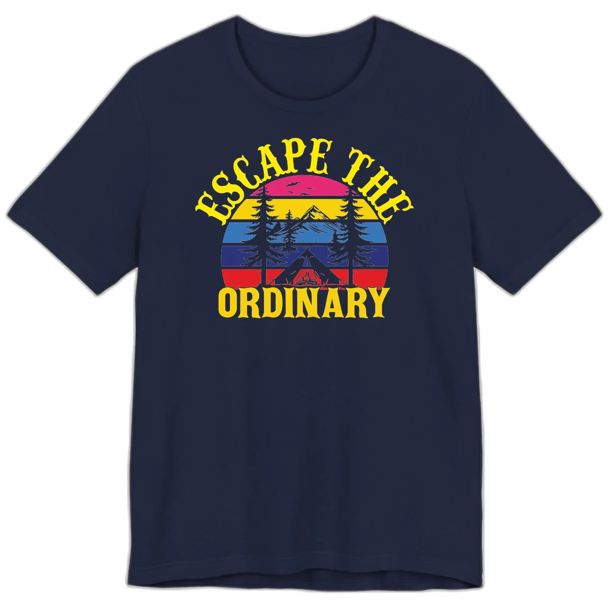 Safe Thru Ordinary design featuring retro horizontal stripes with integrated mountain and forest landscape imagery in Navy