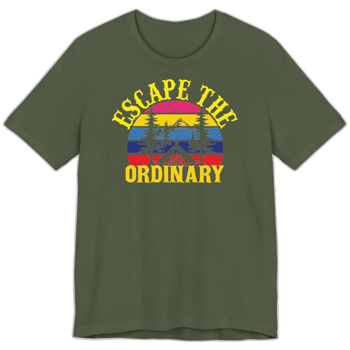 Safe Thru Ordinary design featuring retro horizontal stripes with integrated mountain and forest landscape imagery in Military Green