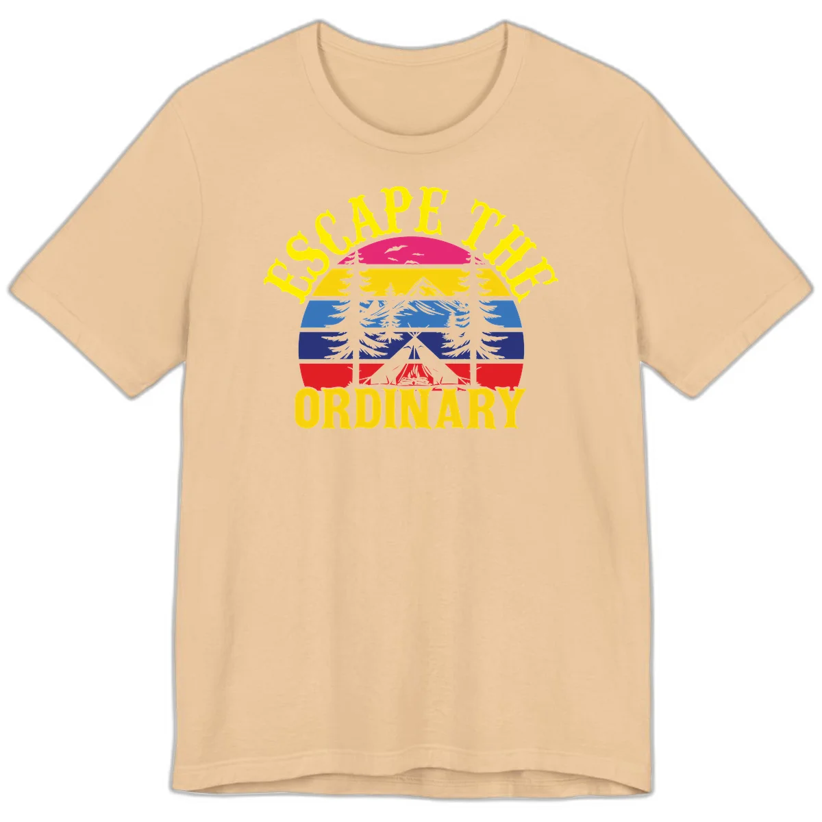 Safe Thru Ordinary design featuring retro horizontal stripes with integrated mountain and forest landscape imagery in Sand Dune