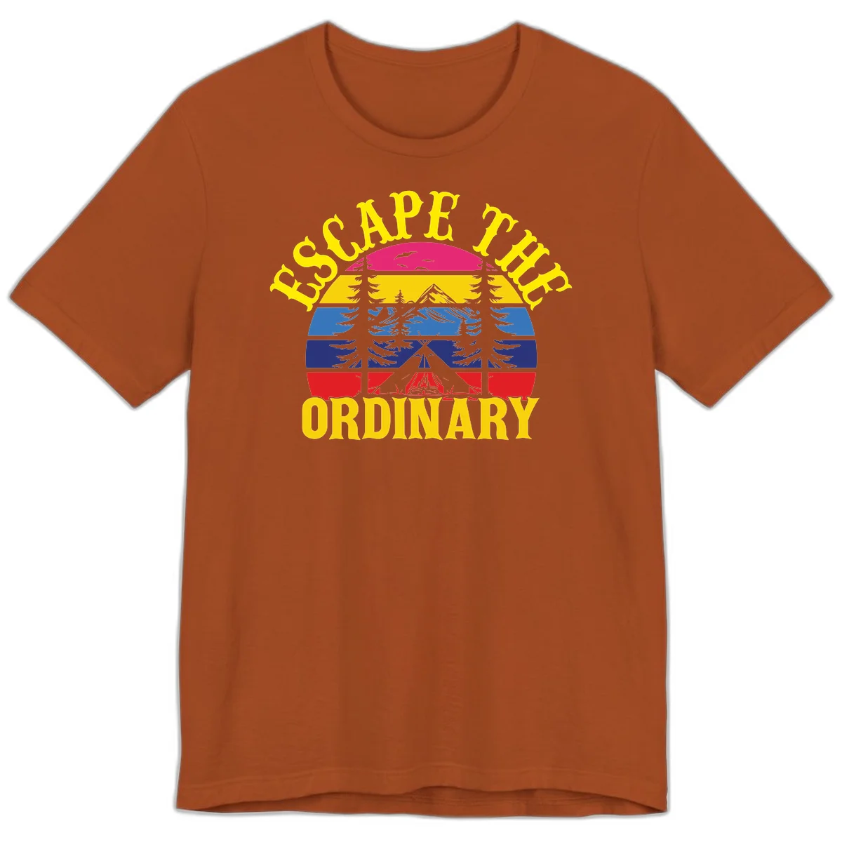 Safe Thru Ordinary design featuring retro horizontal stripes with integrated mountain and forest landscape imagery in Autumn