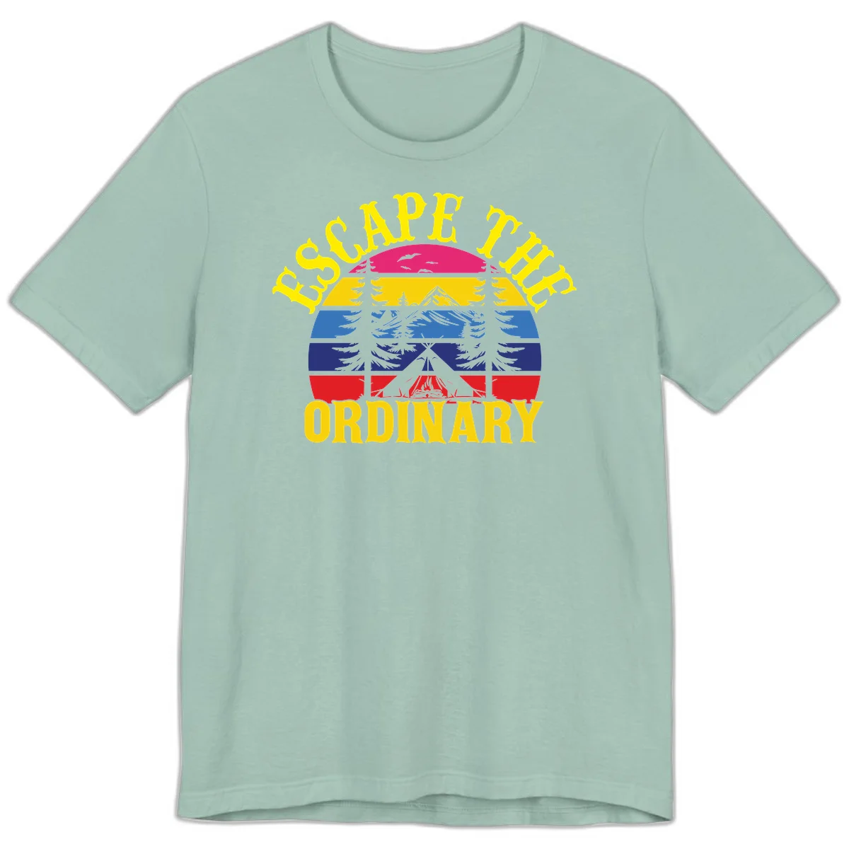 Safe Thru Ordinary design featuring retro horizontal stripes with integrated mountain and forest landscape imagery in Dusty Blue