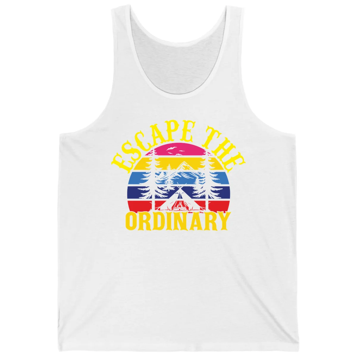 Safe Thru Ordinary design featuring retro horizontal stripes with integrated mountain and forest landscape imagery in White