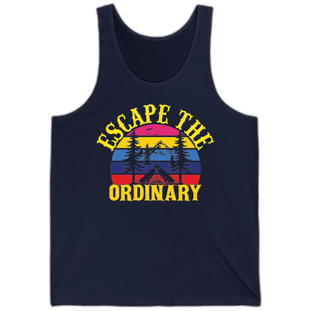 Safe Thru Ordinary design featuring retro horizontal stripes with integrated mountain and forest landscape imagery in Navy