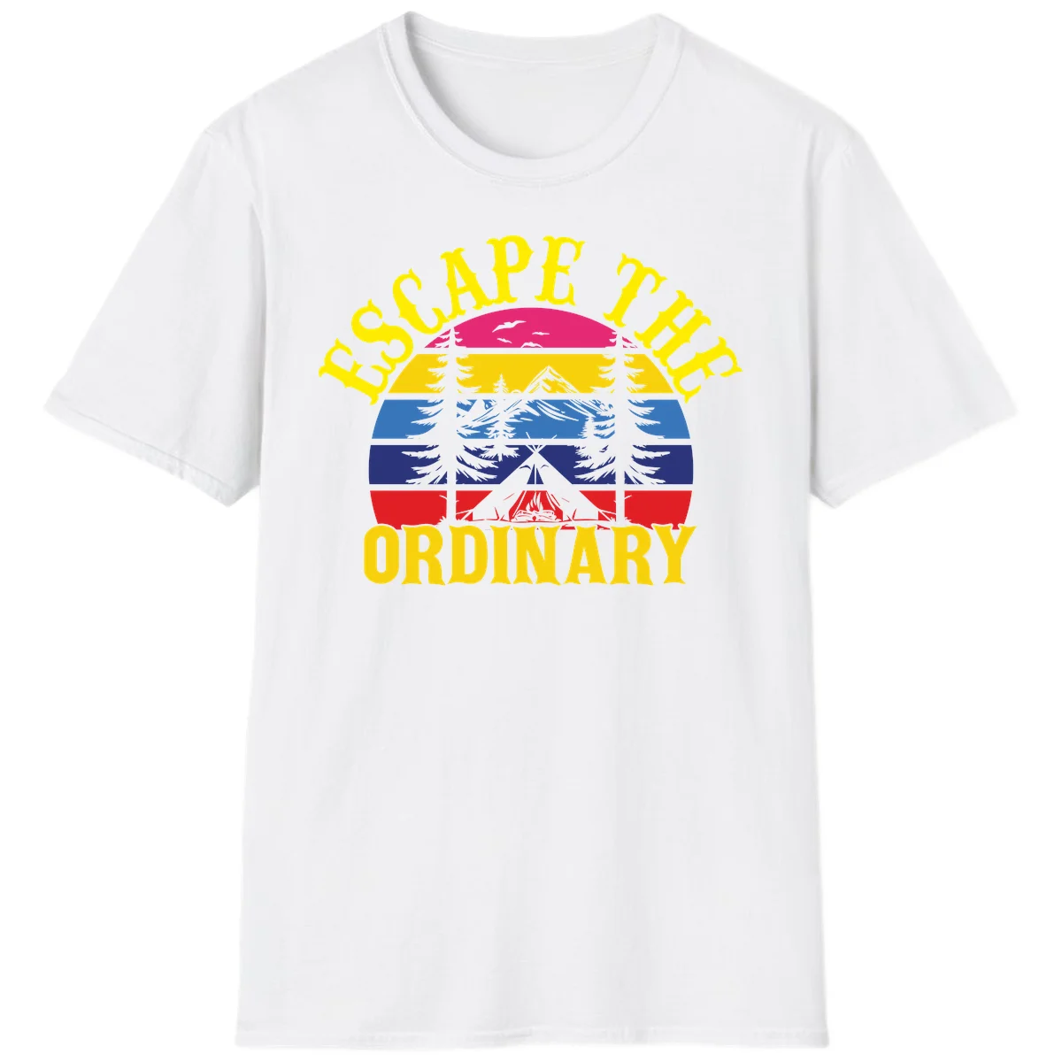 Safe Thru Ordinary design featuring retro horizontal stripes with integrated mountain and forest landscape imagery in White