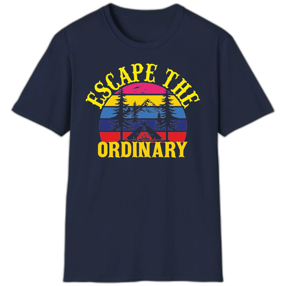 Safe Thru Ordinary design featuring retro horizontal stripes with integrated mountain and forest landscape imagery in Navy