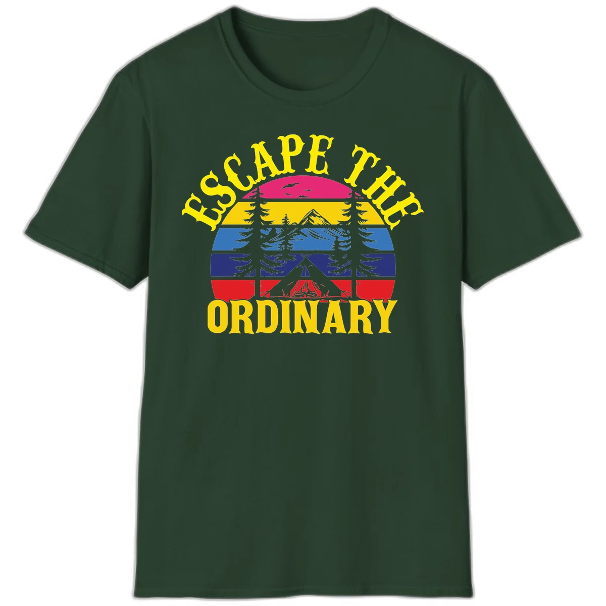Safe Thru Ordinary design featuring retro horizontal stripes with integrated mountain and forest landscape imagery in Forest Green