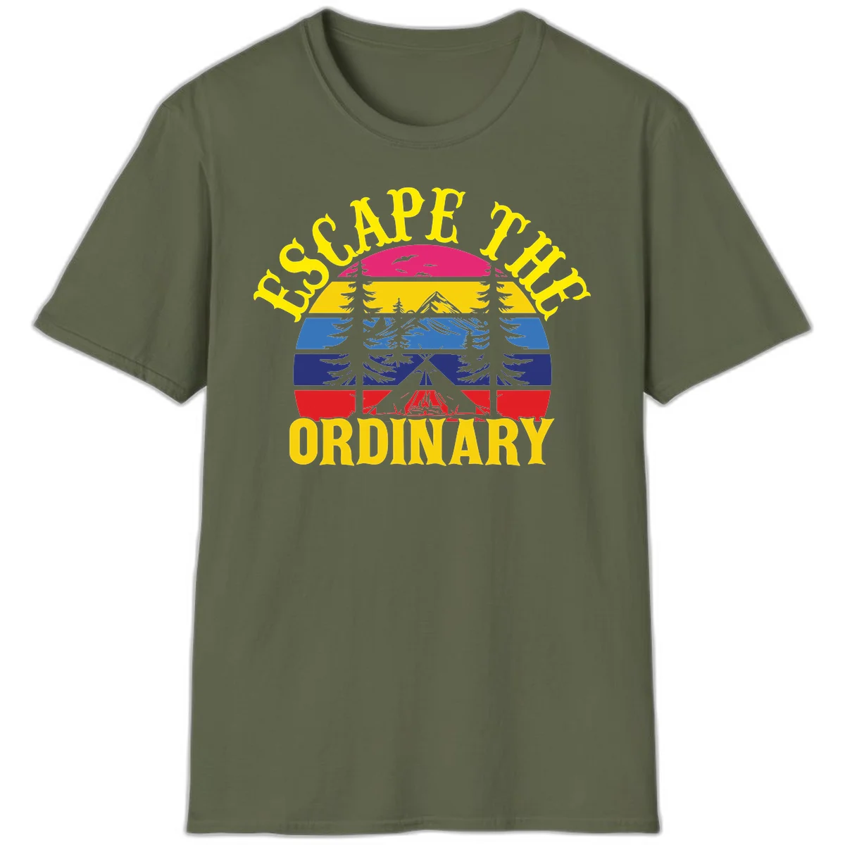 Safe Thru Ordinary design featuring retro horizontal stripes with integrated mountain and forest landscape imagery in Military Green