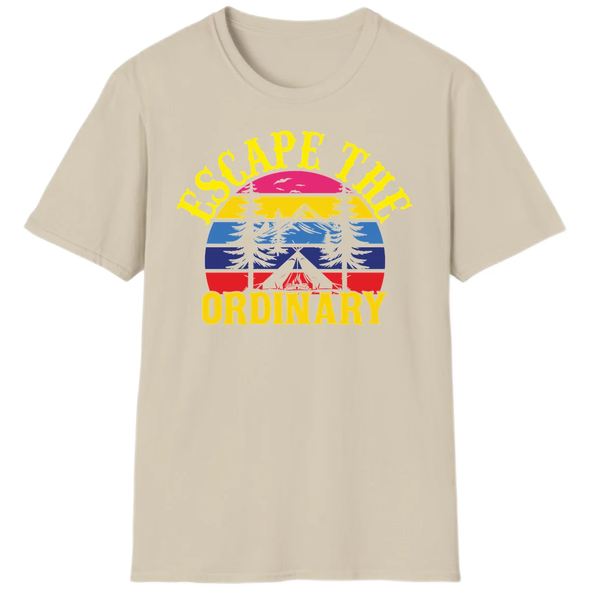 Safe Thru Ordinary design featuring retro horizontal stripes with integrated mountain and forest landscape imagery in Sand