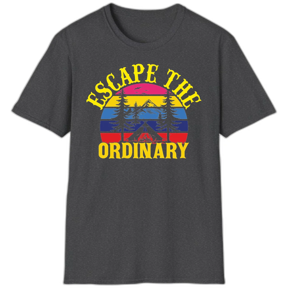 Safe Thru Ordinary design featuring retro horizontal stripes with integrated mountain and forest landscape imagery in Dark Heather