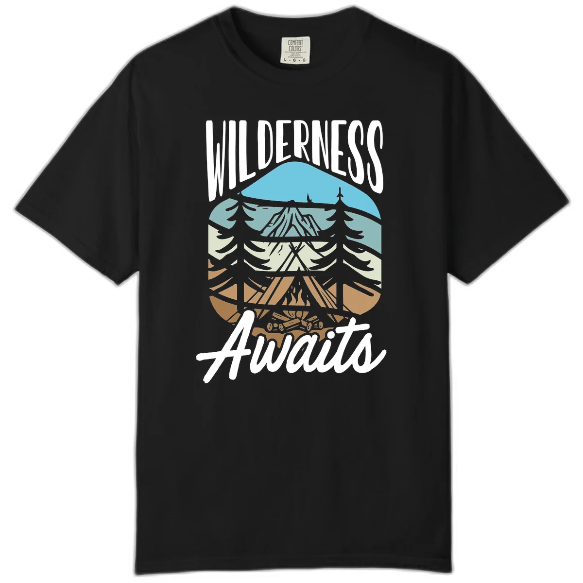 Wilderness awaits layered design showing mountain, forest, and underground ecosystem cross-section with white text. in Black
