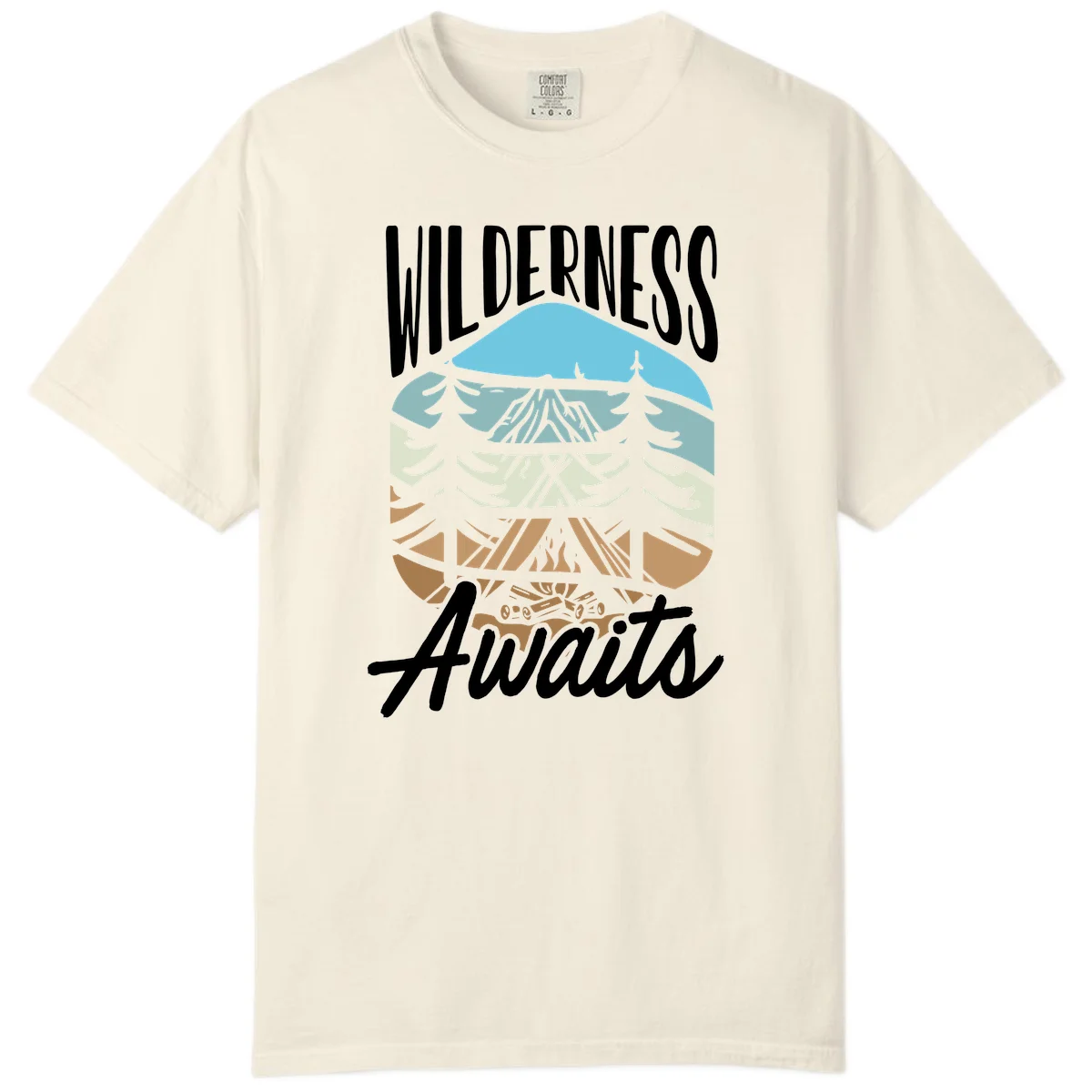 Wilderness awaits layered design showing mountain, forest, and underground ecosystem cross-section with white text. in Ivory
