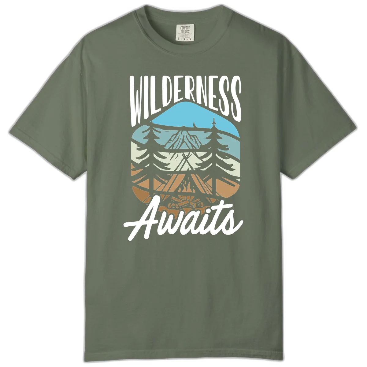 Wilderness awaits layered design showing mountain, forest, and underground ecosystem cross-section with white text. in Moss
