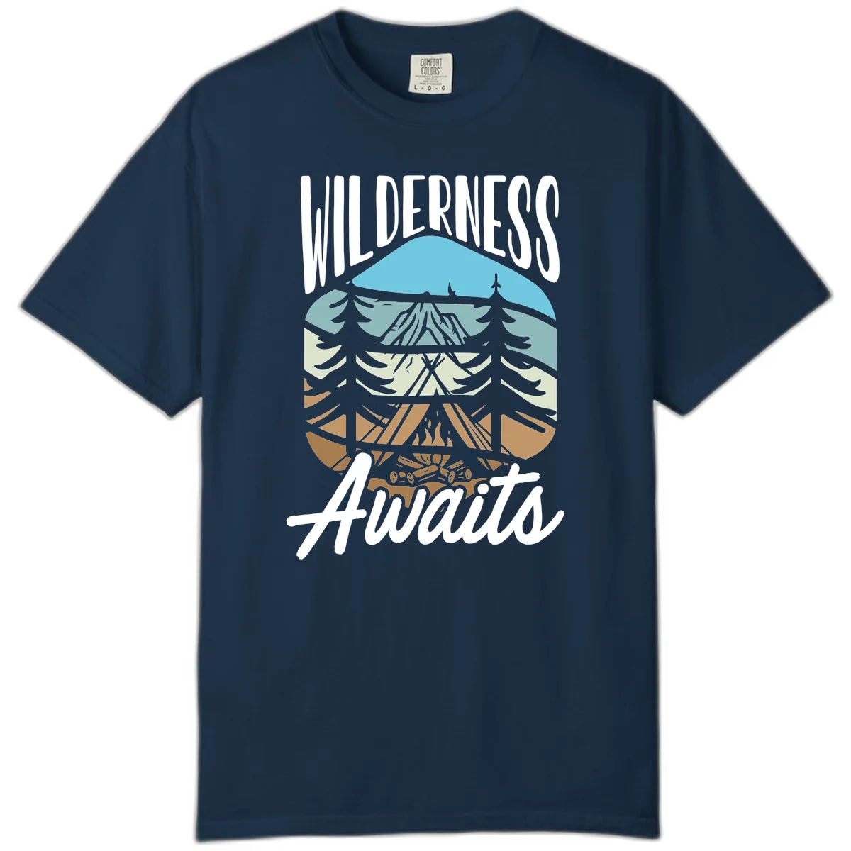 Wilderness awaits layered design showing mountain, forest, and underground ecosystem cross-section with white text. in True Navy