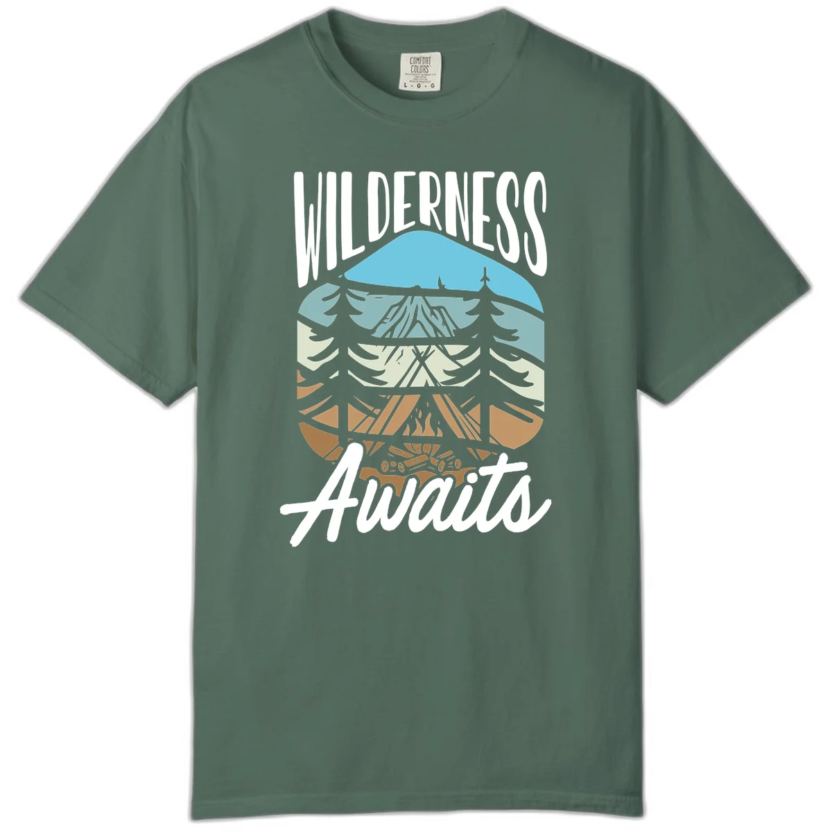 Wilderness awaits layered design showing mountain, forest, and underground ecosystem cross-section with white text. in Blue Spruce