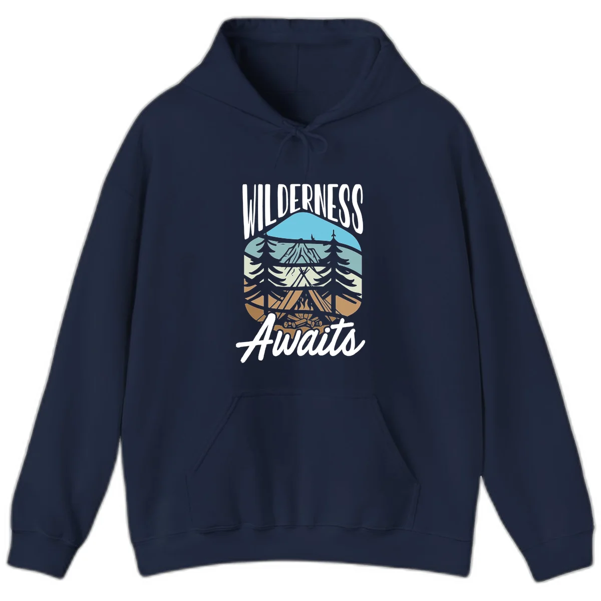 Wilderness awaits layered design showing mountain, forest, and underground ecosystem cross-section with white text. in Navy