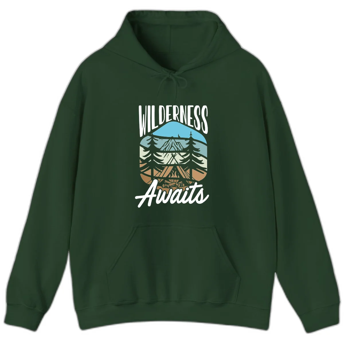 Wilderness awaits layered design showing mountain, forest, and underground ecosystem cross-section with white text. in Forest Green