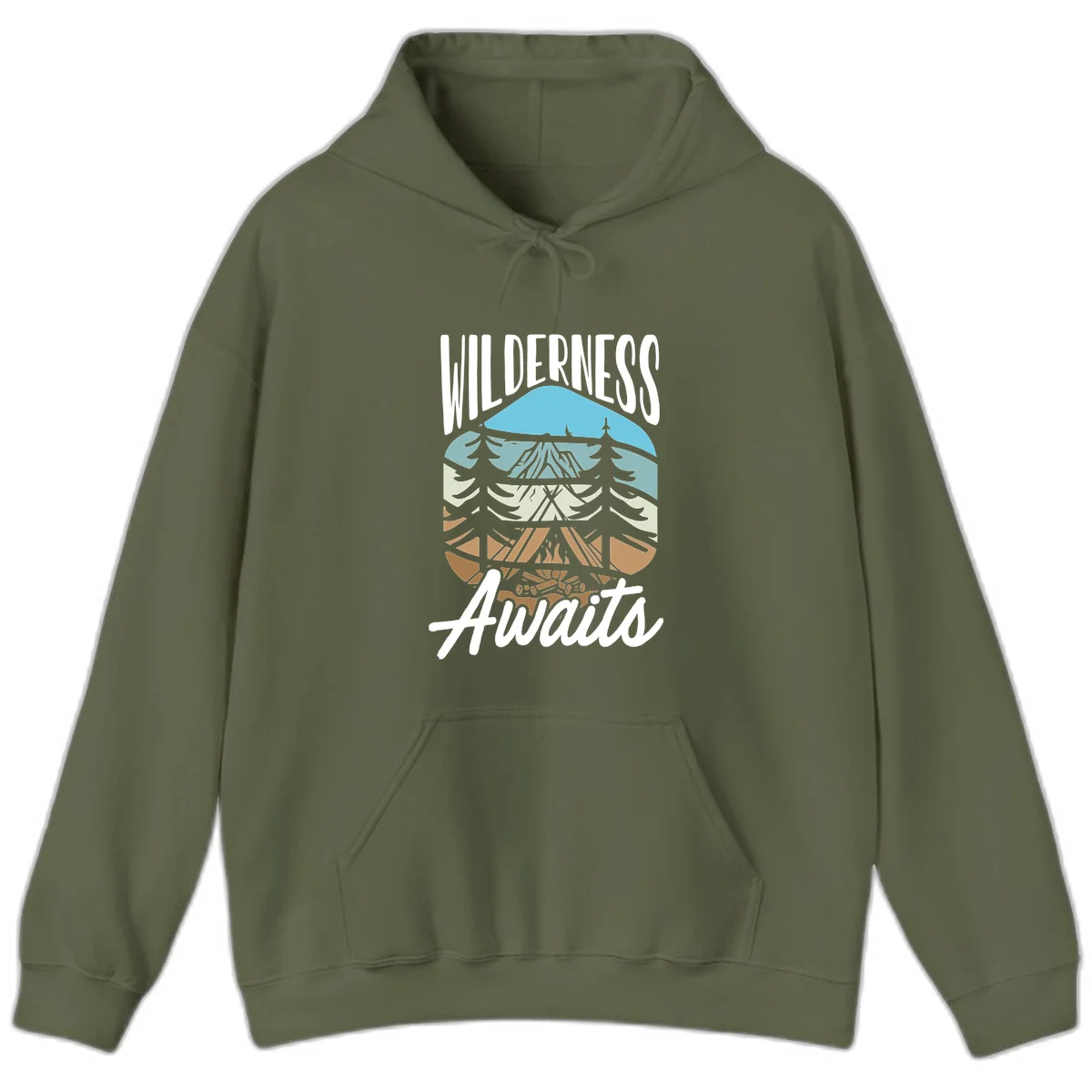 Wilderness awaits layered design showing mountain, forest, and underground ecosystem cross-section with white text. in Military Green
