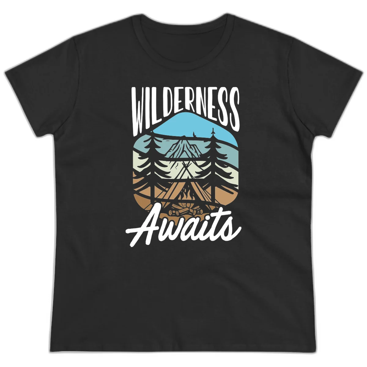 Wilderness awaits layered design showing mountain, forest, and underground ecosystem cross-section with white text. in Black