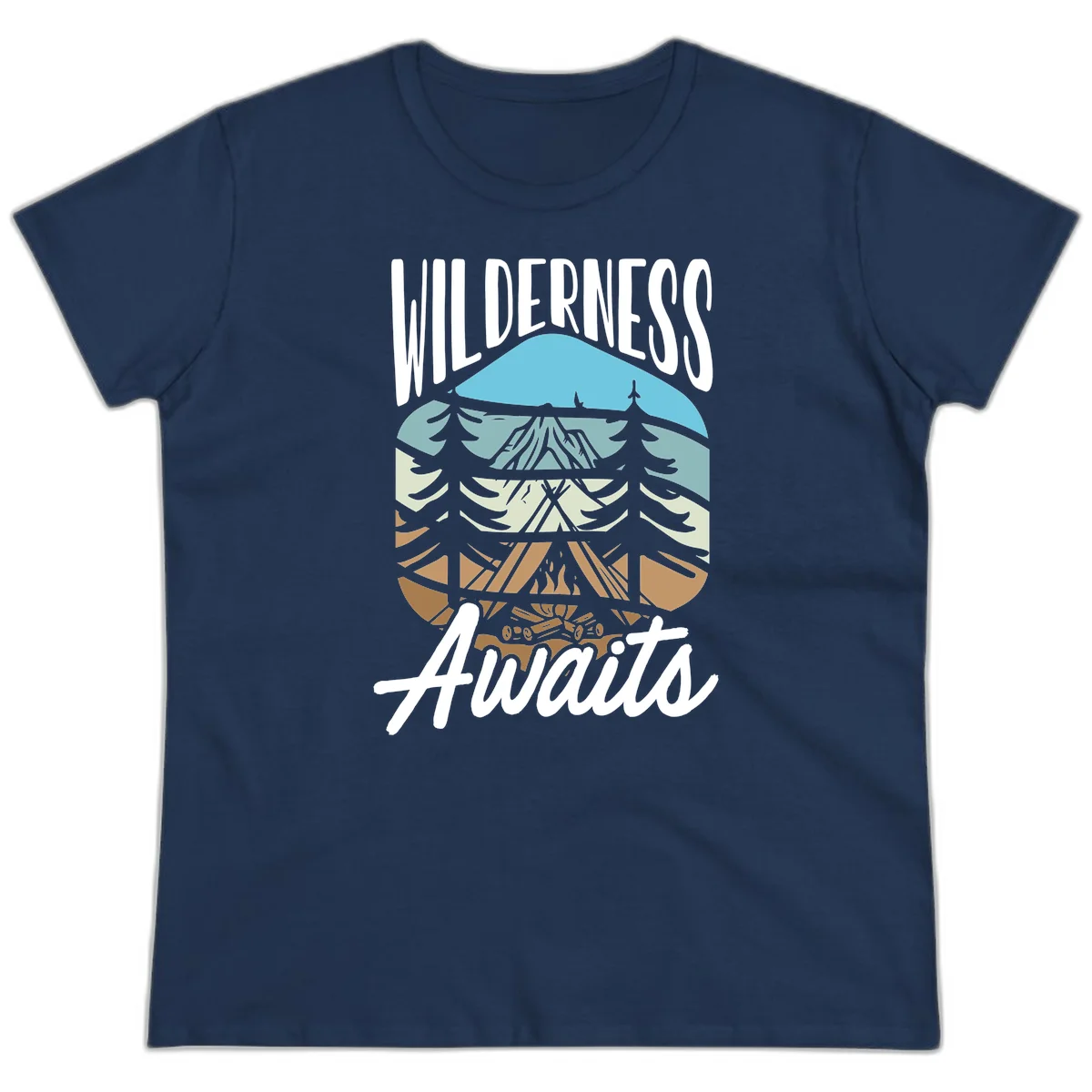 Wilderness awaits layered design showing mountain, forest, and underground ecosystem cross-section with white text. in Navy
