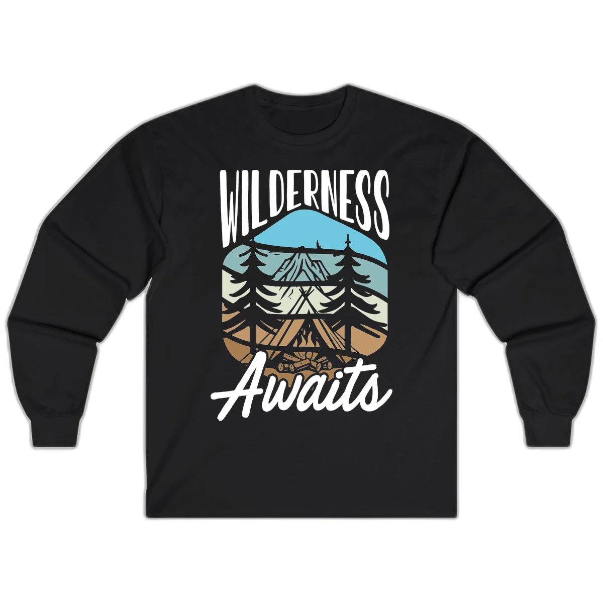 Wilderness awaits layered design showing mountain, forest, and underground ecosystem cross-section with white text. in Black