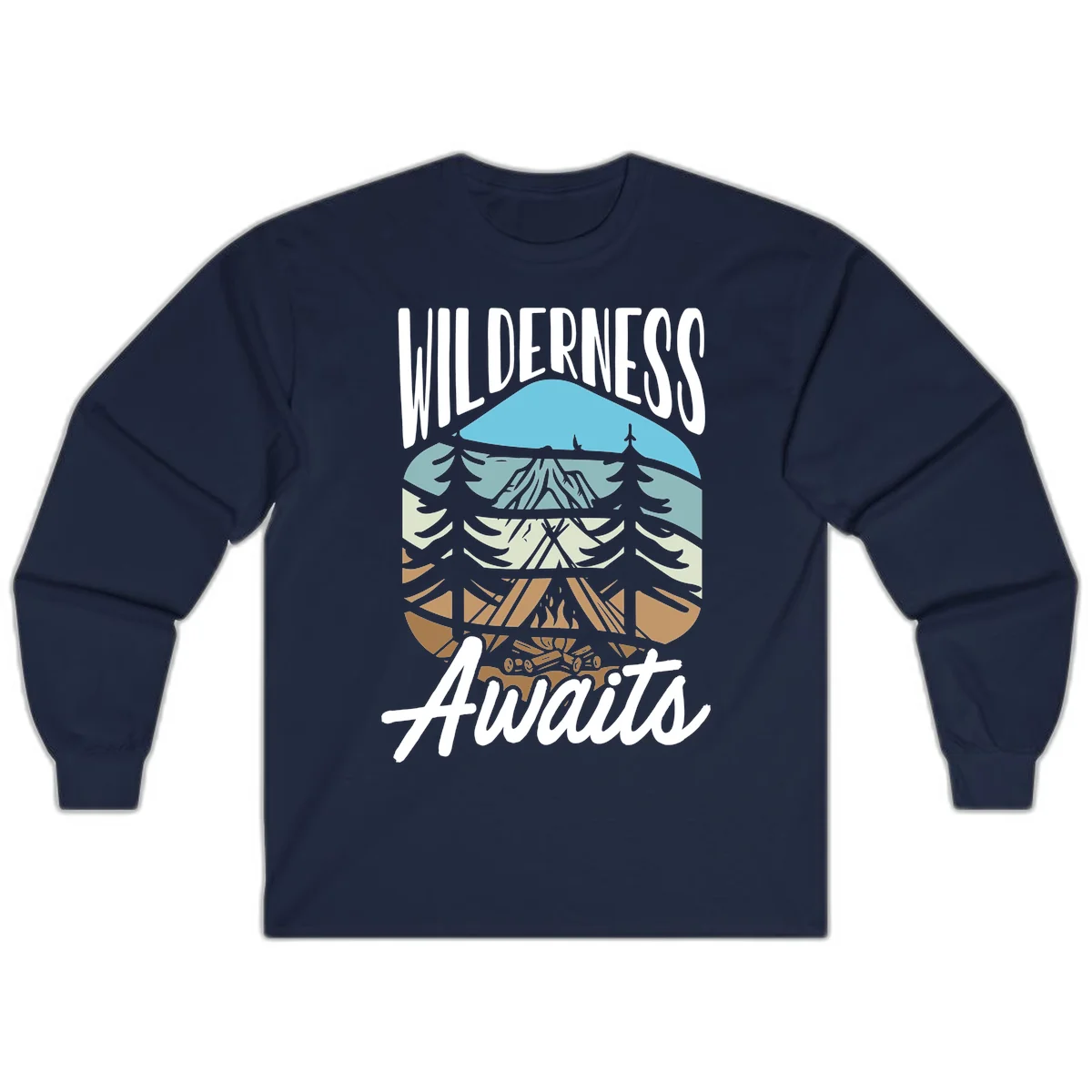 Wilderness awaits layered design showing mountain, forest, and underground ecosystem cross-section with white text. in Navy