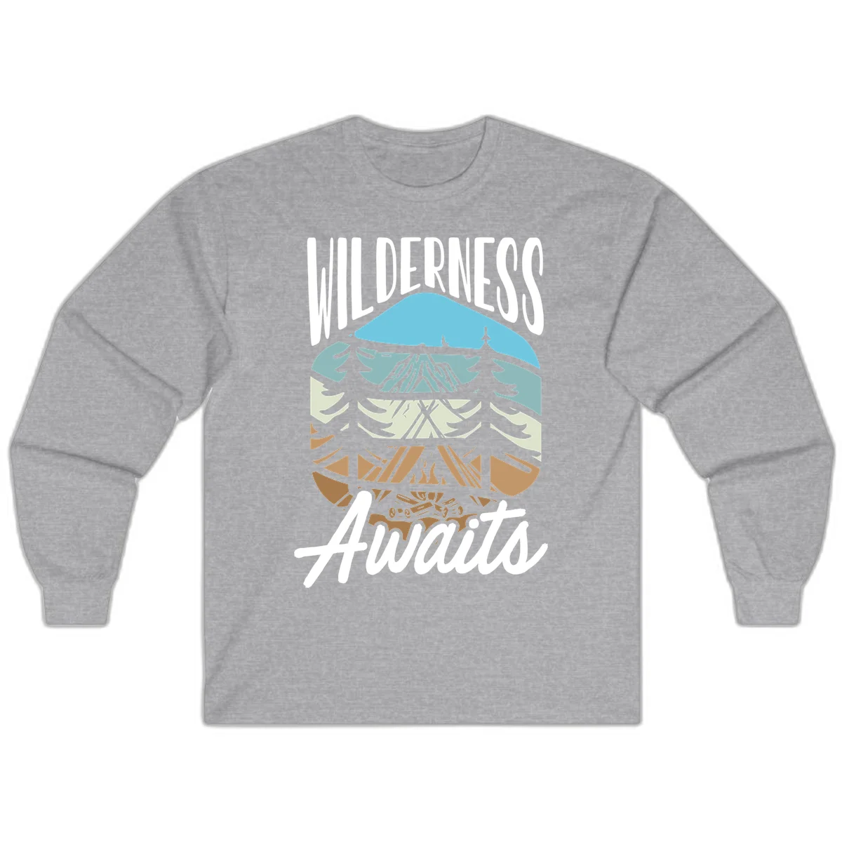 Wilderness awaits layered design showing mountain, forest, and underground ecosystem cross-section with white text. in Sport Grey