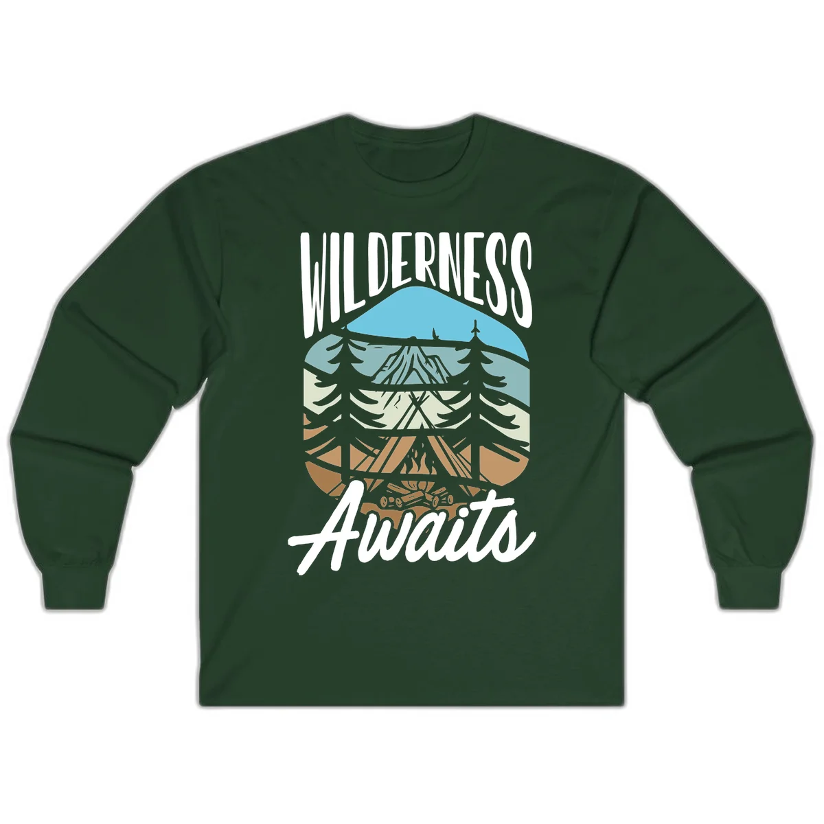 Wilderness awaits layered design showing mountain, forest, and underground ecosystem cross-section with white text. in Forest Green