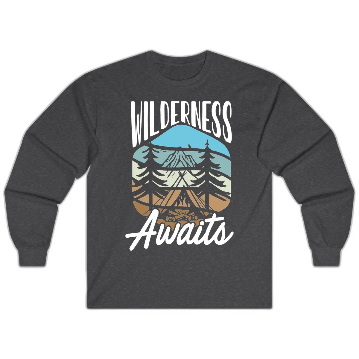 Wilderness awaits layered design showing mountain, forest, and underground ecosystem cross-section with white text. in Dark Heather