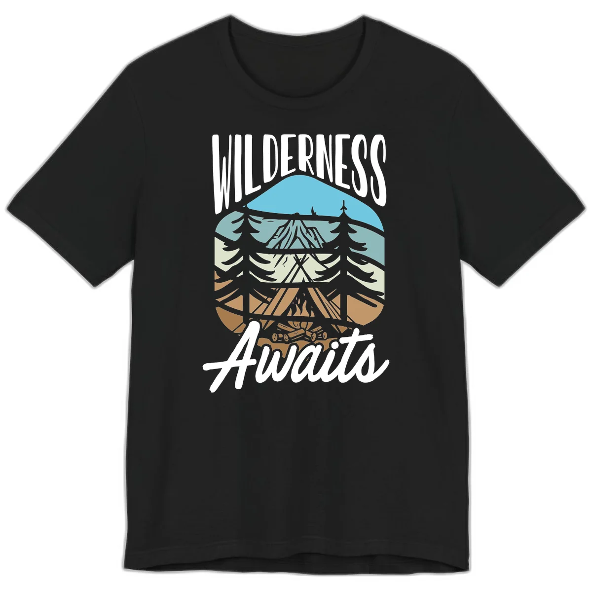 Wilderness awaits layered design showing mountain, forest, and underground ecosystem cross-section with white text. in Black