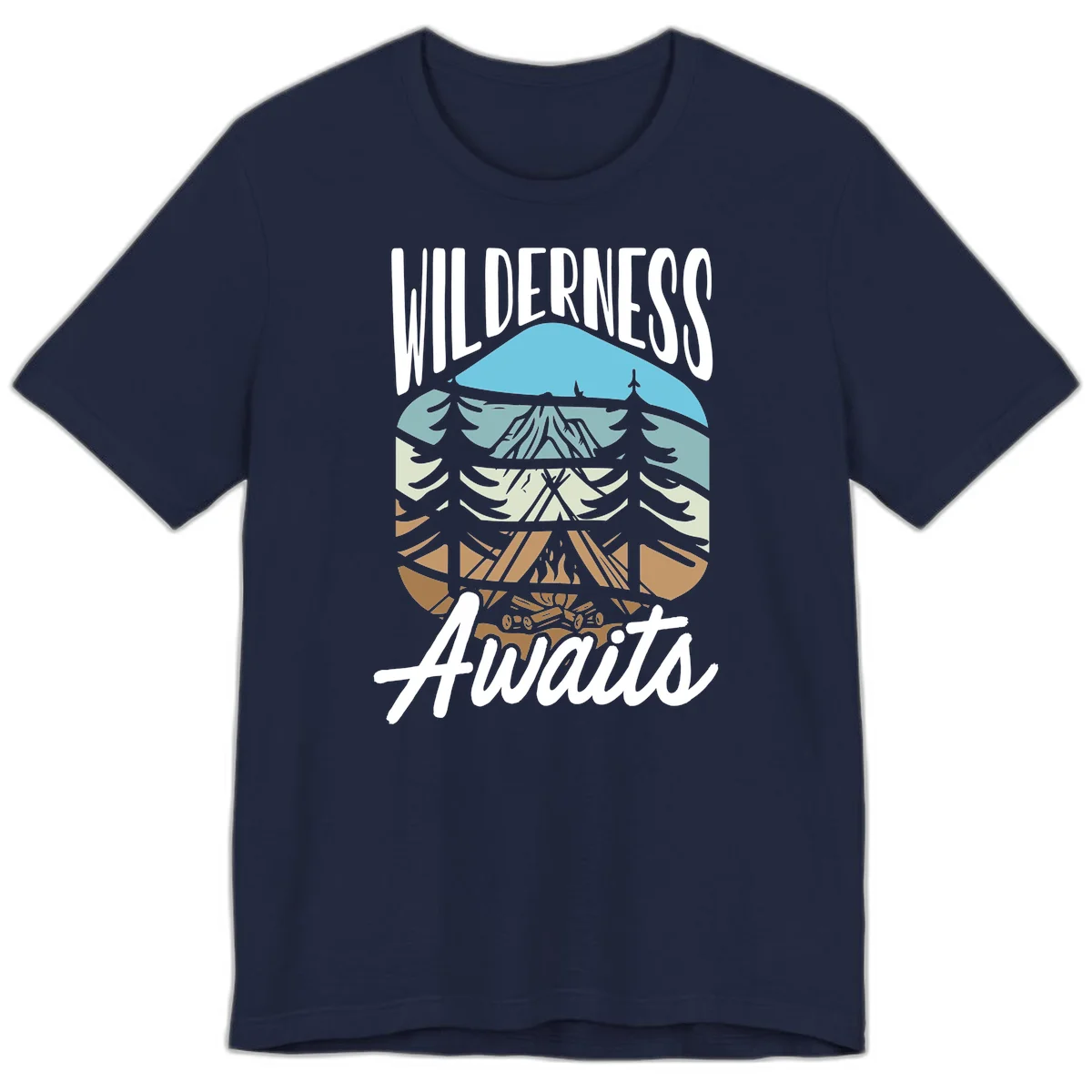Wilderness awaits layered design showing mountain, forest, and underground ecosystem cross-section with white text. in Navy